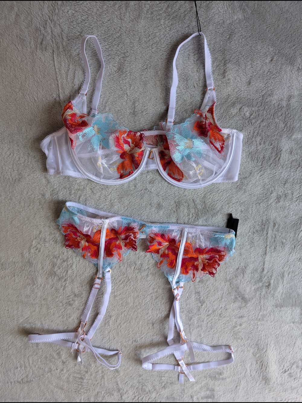 Sheer White Floral Embroidered Bra & Garter Set